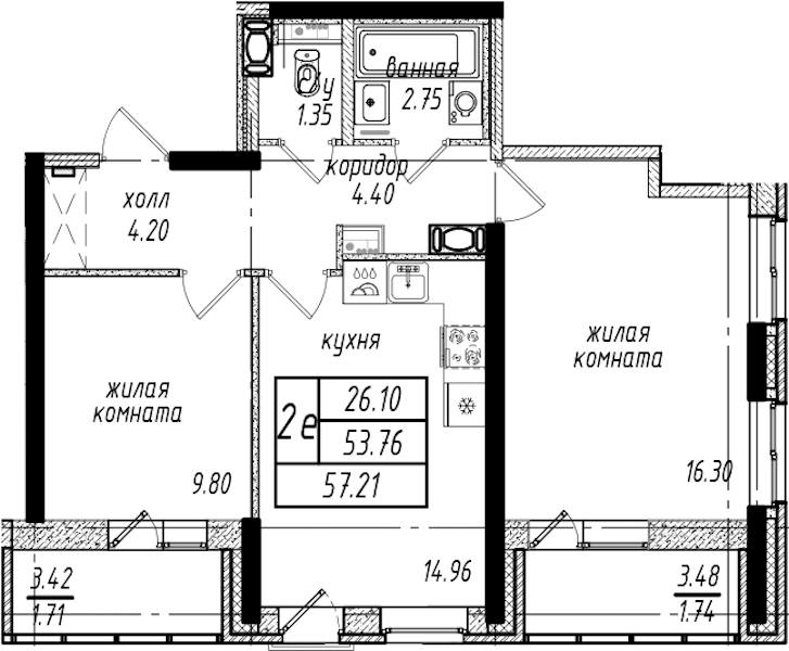 2-комнатная квартира 57.21 м², 2/25 эт., ЖК «Северная Долина»